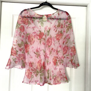 FMX & Co Sheer Blouse Pink Flower Ruffle Sleeve Feminine Whimsy Spring Flowy